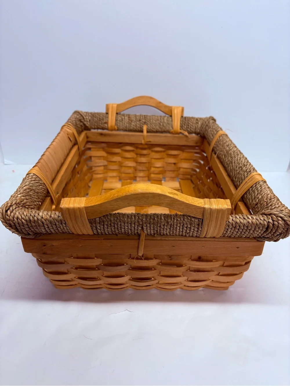 Harry & David Handwoven Rectangular Woven Basket in Natural Brown Wood Handles
